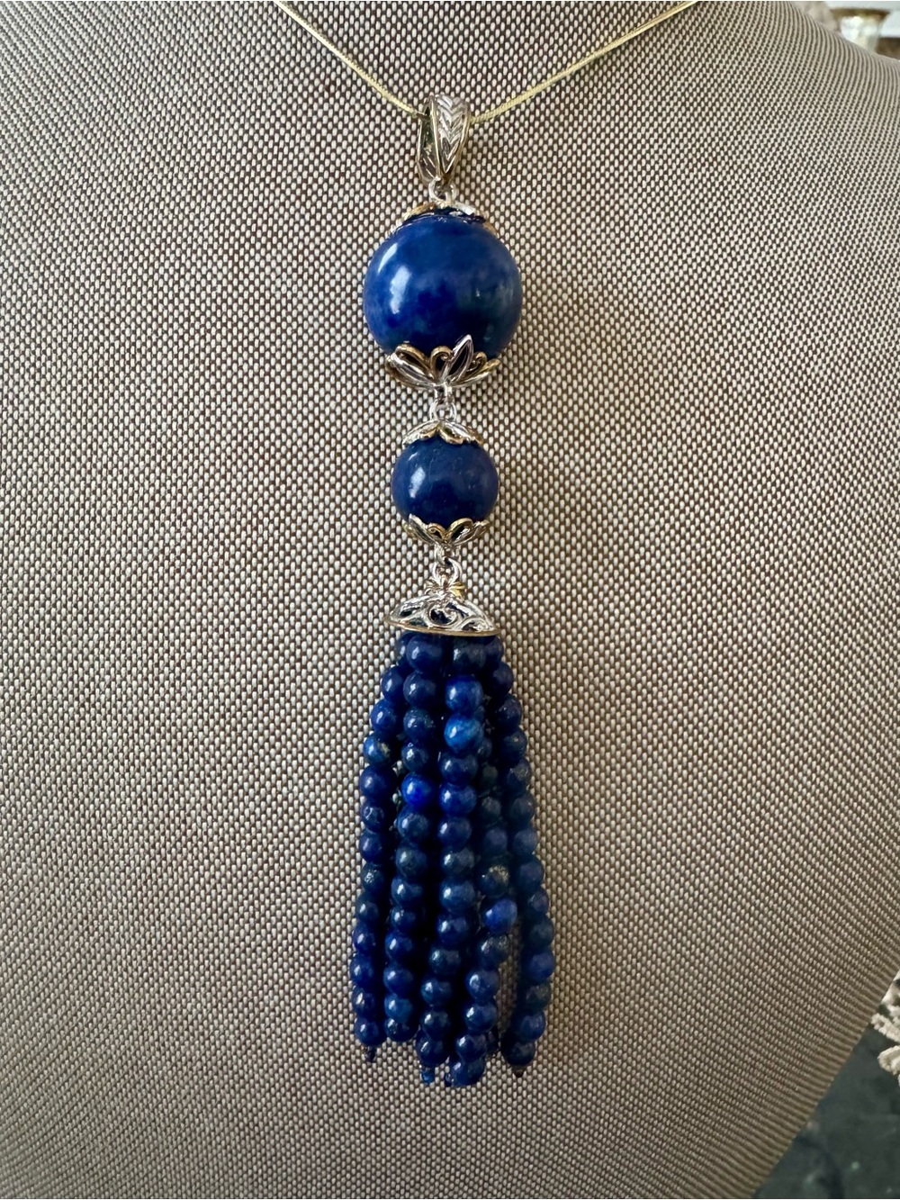 Gems En Vogue Michael Valitutti Silver N 24K Lapis Beaded Tassel Pendant 4 1/2”